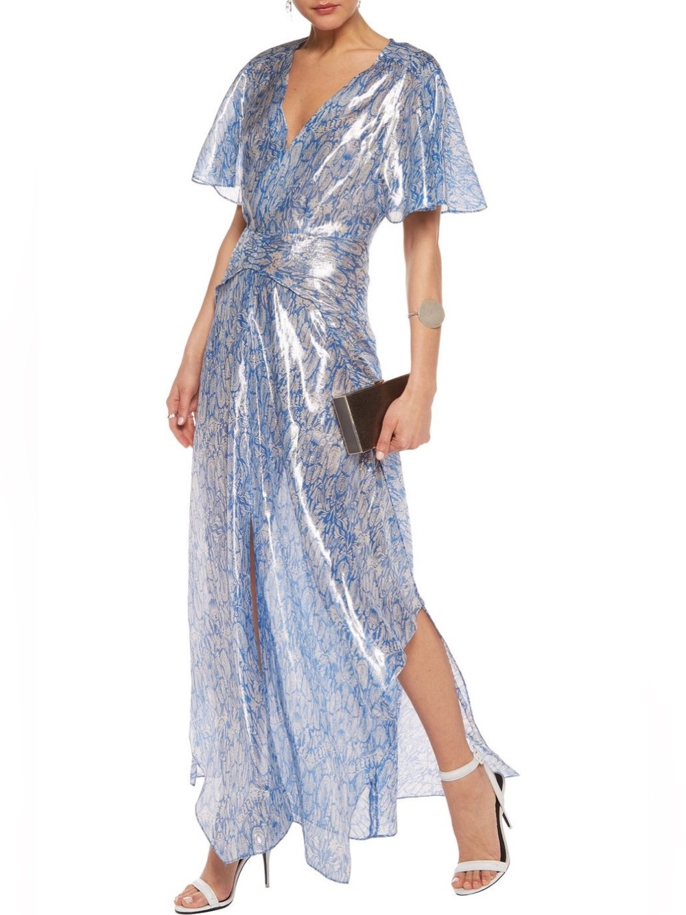 Maje Robe Longue Kimono V Neck Flutter Sleeve Silk Light Blue Silver Gown NWT 1